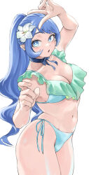 Rule 34 | 1girl, absurdres, bikini, blue bikini, blue eyes, blue hair, blue ribbon, boku no hero academia, breasts, cleavage, commentary, fengling (furin-jp), flower, hadou nejire, hair flower, hair ornament, hands up, highres, large breasts, long hair, looking at viewer, navel, ribbon, simple background, solo, swimsuit, v, white background