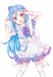 Rule 34 | :d, blue hair, blush, bow, bowtie, dress, fang, frills, hair between eyes, hat, long hair, maid, open mouth, paw pose, purple bow, purple bowtie, quincy (warship girls r), red eyes, short sleeves, simple background, smile, standing, tengxiang lingnai, very long hair, warship girls r, white background, white dress, white legwear, wristband