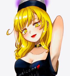 Rule 34 | 1girl, armpits, arms behind back, arms up, bare shoulders, black choker, black headwear, black shirt, blonde hair, blush, breasts, choker, clothes writing, collarbone, commentary request, hair between eyes, hands up, heart, heart print, hecatia lapislazuli, hecatia lapislazuli (moon), looking down, medium breasts, medium hair, moon (ornament), open mouth, shirt, simple background, sleeveless, sleeveless shirt, smile, solo, t-shirt, touhou, upper body, utagi 0216, white background, yellow eyes