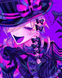 Rule 34 | 1boy, black bow, black coat, black gloves, black headwear, black shirt, black suit, blonde hair, bow, braid, bug, butterfly, coat, colored tongue, currant (himanemuitoma), formal, frilled sleeves, frills, gloves, hair bow, hair over one eye, hat, highres, himanemuitoma, insect, long hair, long sleeves, multiple hair bows, narrowed eyes, one eye covered, open clothes, open coat, open mouth, original, pink bow, purple background, purple eyes, purple theme, purple tongue, shirt, side braid, single braid, smile, solo, striped bow, striped clothes, striped coat, suit, tongue, top hat, turtleneck, upper body, vertical-striped clothes, vertical-striped coat