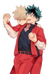 Rule 34 | 2boys, ;d, bakugou katsuki, behind another, belt, belt buckle, black belt, black shirt, black vest, blonde hair, blurry, blush, boku no hero academia, bright pupils, buckle, buttons, closed mouth, collared shirt, cowboy shot, dancing, depth of field, diagonal-striped clothes, diagonal-striped necktie, dress shirt, fingernails, formal, freckles, green eyes, green hair, hair between eyes, hakua (ktdkilu), hands up, happy, highres, holding hands, interlocked fingers, jacket, lapels, leaning back, leaning forward, leaning on person, long sleeves, looking at another, looking to the side, male focus, midoriya izuku, multiple boys, necktie, notched lapels, official alternate costume, one eye closed, open clothes, open jacket, open mouth, pants, raised eyebrows, red eyes, red jacket, red pants, red suit, sanpaku, scar, scar on hand, shirt, short hair, sideways glance, simple background, smile, spiked hair, striped clothes, suit, v-shaped eyebrows, vest, watch, white background, white pupils, white shirt, wing collar, wristwatch, yaoi