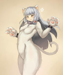 Rule 34 | 1girl, alternate costume, anger vein, animal ears, animal hands, blunt bangs, blush, bodysuit, breasts, broken, broken chain, cat ears, cat tail, catsuit, chain, collar, covered navel, embarrassed, female focus, gloves, hair ribbon, half-closed eyes, hands up, highres, jpeg artifacts, kantai collection, long hair, murakumo (kancolle), paw gloves, red ribbon, ribbon, silver hair, simple background, small breasts, solo, sweat, tail, thick thighs, thighs, trembling, tress ribbon, umagoya mochi, white bodysuit, white gloves, yellow background, yellow eyes