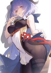 Rule 34 | 1girl, ass, bare shoulders, black bodysuit, blue hair, blush, bodysuit, breasts, breasts apart, clothes lift, cowboy shot, dress, dress lift, finger to mouth, from side, ganyu (genshin impact), genshin impact, groin, highres, horns, lifting own clothes, long hair, looking at viewer, medium breasts, parted lips, purple eyes, sidelocks, sleeveless, sleeveless dress, solo, thighs, white dress, yorurui sansan