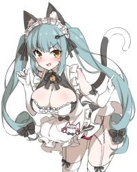 Rule 34 | 1girl, animal ears, apron, black dress, blue hair, blush, breasts, cat ears, cat tail, cleavage, dress, drill hair, elbow gloves, fake animal ears, fake tail, gloves, goddess of victory: nikke, highres, large breasts, leaning forward, legwear garter, light blue hair, long hair, maid, maid headdress, neck bell, official alternate costume, open mouth, panties, pantyshot, paw hair ornament, privaty (nikke), privaty (unkind maid) (nikke), red panties, solo, tail, thighhighs, twin drills, twintails, underwear, very long hair, white apron, white gloves, white thighhighs, yellow eyes, yogurt (hata hatsu)