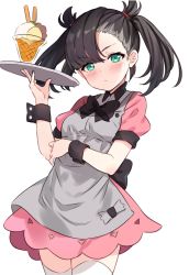 Rule 34 | 1girl, apron, aqua eyes, asymmetrical bangs, asymmetrical hair, black bow, black hair, blush, bow, bowtie, breasts, closed mouth, collared dress, creatures (company), dress, food, game freak, grey apron, highres, hitsukuya, ice cream, long hair, looking at viewer, marnie (pokemon), nintendo, pink dress, pokemon, pokemon swsh, puffy short sleeves, puffy sleeves, short sleeves, simple background, small breasts, solo, thighhighs, thighs, tray, twintails, undercut, white background, white thighhighs, wrist cuffs