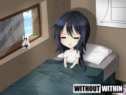 Rule 34 | 1girl, :&lt;, = =, absurdres, artist request, bed, black hair, character request, chibi, copyright name, hair down, highres, long hair, official art, official wallpaper, open mouth, pillow, sitting, solo, triangle mouth, vinty, wallpaper, window, without within