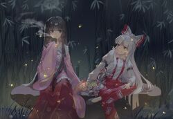 Rule 34 | 2girls, anger vein, arm belt, bamboo, bamboo forest, black footwear, black hair, blunt bangs, bow, collared shirt, commentary request, cup, forest, frilled shirt collar, frills, fujiwara no mokou, grey eyes, grin, hair bow, hand up, highres, holding, holding cup, holding hands, houraisan kaguya, long hair, long skirt, long sleeves, looking at another, multiple girls, nature, open mouth, outdoors, pants, pink shirt, red bow, red eyes, red pants, red skirt, rock, shirt, shoes, sitting, skirt, smile, steam, suspenders, sweatdrop, touhou, two-tone bow, very long hair, white bow, white hair, xinjinjumin249055877979