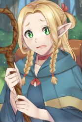 Rule 34 | 1girl, blonde hair, blue capelet, blue robe, braid, capelet, choker, day, dungeon meshi, elf, forest, green eyes, hair around ear, hair ribbon, highres, holding, holding staff, hood, hooded capelet, long hair, mage staff, maji (majibomber), marcille donato, multiple braids, nature, open mouth, outdoors, pointy ears, red choker, red ribbon, ribbon, robe, solo, staff
