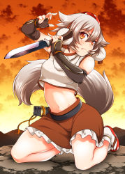 Rule 34 | 1girl, animal ears, armor, elbow gloves, fang, female focus, fingerless gloves, gloves, hat, highres, hill, holding, holding knife, inubashiri momiji, japanese armor, kneeling, knife, kote, looking at viewer, midriff, navel, orange eyes, pom pom (clothes), red eyes, reverse grip, sandals, scabbard, sheath, silver hair, skirt, sky, solo, tabi, tail, tassel, tokin hat, touhou, twilight, uousa-ou, wolf ears, wolf tail