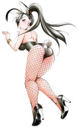 Rule 34 | 1girl, animal ears, ass, bare shoulders, black hair, bracelet, breasts, commentary request, dragon quest, dragon quest xi, equal (melomelopunch), fake animal ears, fishnets, hair over one eye, high heels, highres, jewelry, leotard, long hair, looking at viewer, looking back, martina (dq11), pantyhose, parted lips, playboy bunny, ponytail, purple eyes, rabbit ears, rabbit girl, rabbit tail, sideboob, solo, tail, very long hair