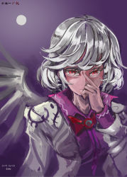 Rule 34 | 1girl, 2015, bow, bowtie, breasts, brooch, covering own mouth, dark, dated, dress, expressionless, eyelashes, finger to face, full moon, hand over own mouth, highres, jacket, jewelry, kishin sagume, long sleeves, looking at viewer, moon, moonlight, nyuu (manekin-eko), purple dress, red bow, red eyes, short hair, silver hair, single wing, sketch, solo, time, touhou, upper body, wings