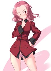 Rule 34 | 1girl, ;), blush, bow, bow panties, brown eyes, collar tug, commentary, cowboy shot, crotch seam, epaulettes, girls und panzer, gluteal fold, head tilt, highres, jacket, kuzuryuu kennosuke, long sleeves, looking at viewer, medium hair, military, military uniform, no pants, one-hour drawing challenge, one eye closed, open mouth, panties, pink panties, red hair, red jacket, rosehip (girls und panzer), simple background, smile, solo, st. gloriana&#039;s military uniform, standing, thighs, underwear, uniform, white background, wind