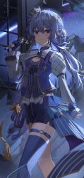 Rule 34 | 1girl, absurdres, blue eyes, blue gloves, blue hair, blue ribbon, blue shirt, blue shorts, blue thighhighs, blush, closed mouth, comet, crown, earrings, feet out of frame, frilled sleeves, frills, gloves, hair between eyes, hair bun, hair ornament, hair ribbon, hand up, highres, holding, holding microphone, hololive, hoshimachi suisei, hoshimachi suisei (stellar into the galaxy), iv (iv70311741), jewelry, long hair, long sleeves, microphone, mini crown, night, night sky, ribbon, shirt, shorts, showgirl skirt, sidelocks, single glove, single thighhigh, skirt, sky, sleeves past wrists, smile, solo, star (sky), star (symbol), star earrings, star hair ornament, star in eye, striped clothes, striped ribbon, striped shirt, striped skirt, symbol in eye, thigh strap, thighhighs, virtual youtuber