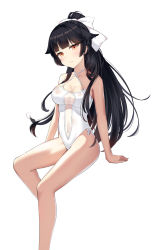 Rule 34 | 1girl, azur lane, bare arms, bare legs, bare shoulders, black hair, blunt bangs, blush, breasts, casual one-piece swimsuit, cleavage, closed mouth, collarbone, covered navel, criss-cross halter, expressionless, hair ribbon, halterneck, head tilt, highres, invisible chair, linhe de chuangzi, long hair, looking at viewer, medium breasts, one-piece swimsuit, ponytail, red eyes, ribbon, see-through, sitting, solo, swimsuit, takao (azur lane), takao (beach rhapsody) (azur lane), thighs, tsurime, very long hair, white one-piece swimsuit, white ribbon