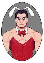 Rule 34 | 1boy, :i, alternate costume, animal ears, bara, black hair, bow, bowtie, closed mouth, collarbone, commentary request, covered abs, crossdressing, detached collar, fake animal ears, grey background, helltaker, helltaker (character), leotard, looking at viewer, male focus, male playboy bunny, pectorals, playboy bunny, rabbit ears, short hair, simple background, solo, sunglasses, tsukudani (coke-buta), upper body, white background