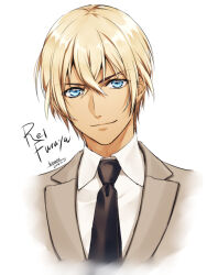 Rule 34 | 1boy, amuro tooru, black necktie, blue eyes, brown jacket, character name, closed mouth, collared shirt, commentary request, cropped torso, crossed bangs, dated, hair between eyes, jacket, kouno kb, looking at viewer, male focus, meitantei conan, necktie, shirt, short hair, signature, simple background, smile, solo, upper body, white background, white shirt