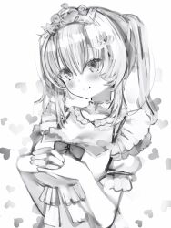 Rule 34 | 1girl, akai haato, akai haato (6th costume), blush, bow, bowtie, closed mouth, diadem, dress, greyscale, head tilt, highres, hololive, interlocked fingers, looking at viewer, monochrome, nanashi (nlo), own hands together, smile, solo, twintails, virtual youtuber