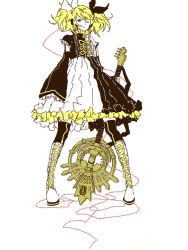 Rule 34 | 1girl, alternate costume, alternate hairstyle, blonde hair, blue eyes, boots, building, cable, detached sleeves, dress, frills, full body, guitar, hair ornament, hairclip, instrument, kagamine rin, kagamine rin (roshin yuukai/hard rkmix), mam233, nail polish, one eye closed, ribbon, roshin yuukai (vocaloid), short twintails, simple background, solo, thighhighs, twintails, vocaloid, wink, wire