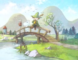 Rule 34 | 1boy, arrow (symbol), bird, boots, bridge, brown hair, building, cattail, closed eyes, cloud, crossed legs, day, foot dangle, grass, green jacket, hachi kou, harmonica, hat, hat feather, hill, instrument, itou hachi, jacket, landscape, long sleeves, moomin, moomintroll, music, on railing, outdoors, pants, path, pine tree, plant, playing instrument, railing, road, rock, scenery, sitting, sky, snufkin, stream, tree, water