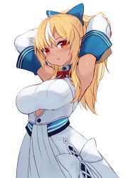 Rule 34 | 1girl, arms behind head, arms up, blonde hair, blush, bow, bowtie, breasts, cait aron, commentary request, dark-skinned female, dark skin, detached sleeves, dress, elf, hair ribbon, highres, hololive, large breasts, long hair, long sleeves, looking at viewer, multicolored hair, parted lips, pointy ears, ponytail, red bow, red bowtie, red eyes, ribbon, shiranui flare, shiranui flare (1st costume), simple background, solo, streaked hair, virtual youtuber, white background, white dress, white hair