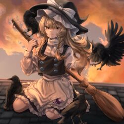 Rule 34 | 1girl, :3, absurdres, animal print, apron, arm behind back, bird, black hat, black skirt, black vest, blonde hair, bow, braid, broom, cat print, closed mouth, commentary, crow, eyes visible through hair, floating hair, frilled apron, frilled skirt, frills, full body, hair between eyes, hair bow, hand up, hat, hat bow, highres, holding, holding broom, karasu2020 8, kirisame marisa, long hair, long sleeves, looking at viewer, on roof, print apron, puffy long sleeves, puffy sleeves, rooftop, shirt, sidelighting, sidelocks, single braid, sitting, skirt, smile, solo, sunset, touhou, tsurime, vest, waist apron, wariza, white apron, white bow, white shirt, witch hat, yellow eyes