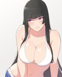 Rule 34 | 1girl, bikini, black hair, blunt bangs, blush, breasts, cleavage, closed mouth, commentary request, dead or alive, dead or alive xtreme, hime cut, konishiki (52siki), large breasts, long hair, mole, mole under mouth, navel, nyotengu, purple eyes, sidelocks, simple background, solo, swimsuit, very long hair, white background, white bikini