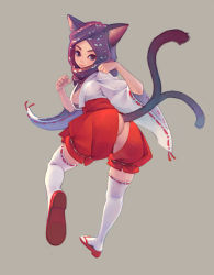 Rule 34 | 1girl, animal ears, animal hood, ass, breasts, brown eyes, cat ears, cat hood, cat tail, hood, japanese clothes, kneepits, looking back, medium breasts, multiple tails, nekomata, original, paw pose, sideboob, simple background, small breasts, smile, solo, tail, thighhighs, weno