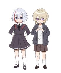 Rule 34 | 1boy, 1girl, aged down, aventurine (honkai: star rail), bandaid, bandaid on cheek, bandaid on face, bandaid on knee, bandaid on leg, black footwear, black ribbon, blonde hair, blue eyes, blush, brown shorts, child, collared dress, drawstring, dress, frown, grey dress, grey hoodie, hair between eyes, hair intakes, hair ornament, hands on own hips, hands up, hashtag-only commentary, highres, honkai: star rail, honkai (series), hood, hood down, hoodie, index fingers together, kneehighs, long sleeves, looking at viewer, mary janes, multicolored eyes, multicolored hair, neck ribbon, nervous, open clothes, open hoodie, open mouth, purple eyes, raised eyebrows, red hair, rende2vou3, ribbon, shirt, shoes, short hair, shorts, simple background, socks, standing, streaked hair, sweatdrop, topaz (honkai: star rail), v-shaped eyebrows, white background, white hair, white shirt, white socks, wing collar