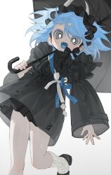 Rule 34 | 1girl, bare legs, black dress, black headwear, black umbrella, blue hair, boots, bright pupils, character request, copyright request, dress, fangs, frilled dress, frills, frost fog, grey eyes, hair ornament, highres, holding, holding umbrella, long sleeves, looking at viewer, open mouth, parasol, rabbit hair ornament, ringed eyes, solo, umbrella, white background, white footwear, white pupils, wide sleeves