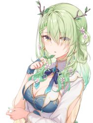 Rule 34 | 1girl, antlers, blue bow, blue dress, blue nails, blue ribbon, bow, braid, braided bangs, breasts, bridal gauntlets, ceres fauna, cleavage, dress, earrings, eyes visible through hair, flower, french braid, gem, gradient hair, green hair, hair between eyes, hair flower, hair ornament, highres, holding, holding plant, hololive, hololive english, horns, jewelry, leaf, looking at viewer, medium breasts, medium hair, mole, mole under eye, multicolored hair, nail polish, open clothes, parted lips, pink flower, plant, ribbon, shiunnkaku, simple background, single braid, single bridal gauntlet, solo, virtual youtuber, white background, yellow eyes