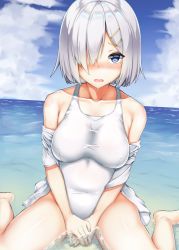 Rule 34 | 1girl, bad id, bad pixiv id, blue eyes, blush, breasts, cloud, cloudy sky, day, eyes visible through hair, hair ornament, hair over one eye, hairclip, hamakaze (kancolle), hcci pcci, jacket, kantai collection, looking at viewer, medium breasts, ocean, one-piece swimsuit, school swimsuit, short hair, silver hair, sitting, sky, solo, swimsuit, tears, track jacket, wariza, water, white jacket, white school swimsuit, white one-piece swimsuit