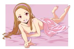 Rule 34 | 1girl, :d, barefoot, bed sheet, blush, breasts, brown hair, egooo, feet, fingernails, flat chest, hairband, happy, idolmaster, idolmaster (classic), indoors, legs up, long fingernails, long hair, looking at viewer, lying, minase iori, naked sheet, nipples, nude, on stomach, open mouth, pointing, red eyes, small breasts, smile, soles, solo, the pose