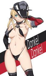 Rule 34 | 10s, 1girl, alternate costume, aqua eyes, armpits, bikini, black bikini, black thighhighs, blonde hair, blush, breasts, cowboy shot, elbow gloves, german text, gloves, hand on own hip, hat, hat over one eye, hyouju issei, kantai collection, looking at viewer, military hat, navel, prinz eugen (kancolle), skindentation, slingshot swimsuit, smile, solo, standing, swimsuit, thigh gap, thighhighs, thighs, thong, thong bikini, translated