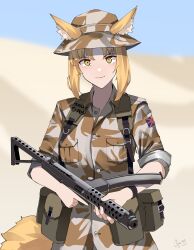 Rule 34 | 1girl, absurdres, ammunition pouch, animal ears, artist name, blonde hair, breast pocket, british army, brown hat, camouflage, commission, desert, desert camouflage, ears through headwear, fox ears, fox girl, gar32, gun, hat, highres, holding, holding gun, holding weapon, long sleeves, military, military uniform, original, pocket, pouch, sleeves rolled up, smile, solo, sterling smg, sterling submachine gun, submachine gun, uniform, union jack, weapon, yellow eyes