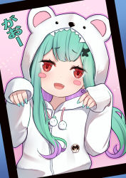 Rule 34 | 1girl, :d, animal ears, animal hood, bear ears, bear hood, blush stickers, butterfly hair ornament, commentary, drawstring, fake animal ears, fang, green hair, green nails, hair ornament, hands up, highres, hololive, hood, hood up, hooded jacket, jacket, long sleeves, looking at viewer, multicolored hair, nail polish, open mouth, purple hair, red eyes, sleeves past wrists, smile, solo, symbol-only commentary, translation request, two-tone hair, uneg, upper body, uruha rushia, uruha rushia (school uniform), virtual youtuber, white jacket