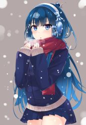 Rule 34 | 1girl, blue eyes, blue hair, blunt bangs, breath, headphones, highres, isis (p&amp;d), kazami chiu, long hair, looking at viewer, matching hair/eyes, puzzle &amp; dragons, scarf, skirt, solo, winter clothes