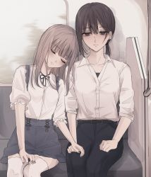 Rule 34 | 1girl, bad id, bad twitter id, belt, belt buckle, black belt, black pants, brown eyes, brown hair, buckle, closed eyes, closed mouth, collarbone, collared shirt, commentary request, dress shirt, grey skirt, hair between eyes, highres, leaning on person, leaning to the side, long hair, long sleeves, looking at viewer, original, pants, puffy short sleeves, puffy sleeves, shirt, short sleeves, sitting, skirt, solo, suspender skirt, suspenders, train interior, tsuruse, white shirt, window