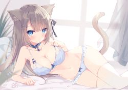 Rule 34 | 1girl, animal ear fluff, animal ears, bare arms, bare shoulders, bed sheet, bell, blue bra, blue collar, blue eyes, blue panties, blush, bow, bow bra, bow panties, bra, breasts, brown hair, cat ears, cat girl, cat tail, cleavage, closed mouth, collar, collarbone, frilled panties, frills, hair between eyes, hair ornament, hairclip, highres, hoshi (snacherubi), jingle bell, large breasts, long hair, looking at viewer, lying, mole, mole on breast, navel, neck bell, on side, original, panties, solo, tail, thighhighs, third-party edit, underwear, underwear only, very long hair, white thighhighs, window