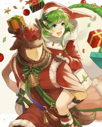 Rule 34 | 1boy, 1girl, antlers, aym (ash3ash3ash), bad id, bad twitter id, bell, blue eyes, bow, box, brown eyes, brown gloves, brown hair, carrying, christmas ornaments, closed mouth, fire emblem, fire emblem: the blazing blade, fire emblem heroes, fur trim, gift, gift box, gloves, green hair, hat, holding, horns, jaffar (fire emblem), jaffar (winter) (fire emblem), long sleeves, nino (fire emblem), nino (winter) (fire emblem), nintendo, open mouth, piggyback, pom pom (clothes), red headwear, reindeer antlers, santa costume, santa hat, short hair