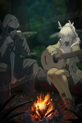 Rule 34 | 1girl, 1other, absurdres, acoustic guitar, anklet, antlers, arknights, black coat, black footwear, black gloves, black pants, black skirt, brown gloves, closed mouth, coat, doctor (arknights), fire, firewatch (arknights), gloves, grey coat, grey hair, grey pantyhose, guitar, harmonica, highres, hood, hood down, hood up, hooded coat, horns, instrument, jewelry, log, long hair, long sleeves, mask, miniskirt, music, musical note, najashi, night, outdoors, pants, pantyhose, playing instrument, ponytail, shirt, shoes, sidelocks, sitting, skirt, smile, staff (music), wariza, white shirt