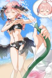 Rule 34 | 2girls, absurdres, armpits, beach, bikini, black bikini, black wings, blue archive, blush, closed eyes, dated, day, feathered wings, fingernails, gnas (gnas 0912), groin, halo, hanako (blue archive), hanako (swimsuit) (blue archive), head wings, highres, hose, koharu (blue archive), koharu (swimsuit) (blue archive), long hair, low twintails, multiple girls, navel, ocean, official alternate costume, one eye closed, open mouth, outdoors, pink eyes, pink hair, pink halo, signature, smile, swimsuit, twintails, water, wings