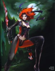 Rule 34 | 1girl, absurdres, armor, bare shoulders, blood, bloodrayne, bloody weapon, breasts, choker, cleavage, dhampir, elbow gloves, fingerless gloves, gloves, green eyes, half-human, halterneck, high heels, highres, jewelry, leather, leather armor, red hair, shoes, solo, sword, thighhighs, undead, vampire, weapon
