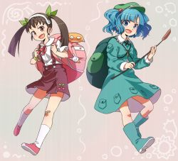 Rule 34 | 2girls, backpack, bad id, bad pixiv id, bag, bakemonogatari, blue eyes, blue hair, crossover, food-themed clothes, hachikuji mayoi, hair bobbles, hair ornament, hat, itsuki (otsugei), kawashiro nitori, key, legs, monogatari (series), multiple girls, otsugei, randoseru, red eyes, short hair, skirt, suspender skirt, suspenders, touhou, twintails, two side up