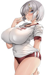 Rule 34 | 1girl, arched back, arm behind back, ass, blue eyes, breasts, buruma, cameltoe, commentary request, covered erect nipples, cowboy shot, duplicate, gym shirt, gym uniform, hair ornament, hair over one eye, hairclip, hamakaze (kancolle), highres, huge breasts, kantai collection, large breasts, looking at viewer, open mouth, panties, panties under buruma, panty peek, pixel-perfect duplicate, red buruma, shirt, short hair, short sleeves, simple background, solo, standing, torisan, underwear, white background, white hair