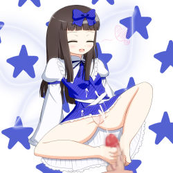 Rule 34 | barefoot, black hair, blush, censored, cum, cum on clothes, dress, ejaculation, closed eyes, feet, footjob, highres, long hair, no panties, penis, pussy, ribbon, smile, star sapphire, toes, touhou