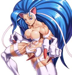 Rule 34 | 1girl, abs, animal, animal ears, animal hands, blue hair, breasts, capcom, cat ears, cat girl, cat tail, choker, claws, fangs, felicia (vampire), fur, long hair, looking at viewer, muscular, muscular female, purple eyes, shinonome (game hakkutsu tai), simple background, solo, tail, toned, vampire (game), very long hair, white background