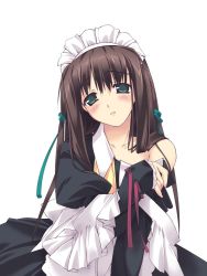 Rule 34 | 1girl, blush, brown hair, collarbone, expressionless, f-ism, frills, green eyes, hair ribbon, head tilt, long hair, looking at viewer, maid, maid headdress, murakami suigun, off shoulder, open mouth, original, puffy sleeves, ribbon, simple background, solo, tress ribbon, undressing, very long hair