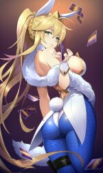 Rule 34 | absurdres, ahoge, animal ears, artoria pendragon (all), artoria pendragon (fate), artoria pendragon (swimsuit ruler) (fate), ass, bare back, bare shoulders, blonde hair, blue pantyhose, bow, bowtie, braid, card, detached collar, fake animal ears, fake tail, fate/grand order, fate (series), feather boa, fishnet pantyhose, fishnets, french braid, green eyes, highleg, highleg leotard, highres, holding, holding card, johnson zhuang, leg holster, leotard, long hair, looking at viewer, looking back, nontraditional playboy bunny, pantyhose, playboy bunny, playing card, ponytail, rabbit ears, rabbit tail, smile, strapless, strapless leotard, tail, tiara, very long hair, white leotard, wrist cuffs