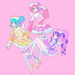 Rule 34 | 3girls, blue eyes, blue hair, closed mouth, commentary, detached sleeves, dress, frilled dress, frills, full body, green eyes, hair bun, hand on own hip, hand up, hat, high heels, highres, holding, holding stethoscope, holding syringe, junon (pripara), kanon (pripara), long hair, looking at viewer, multicolored hair, multiple girls, nurse, nurse cap, nyaasechan, open mouth, pink background, pink dress, pink hair, pink shirt, pinon (pripara), pretty series, pripara, purple dress, purple hair, purple shirt, red eyes, shirt, shoes, short hair, side ponytail, sidelocks, single side bun, sleeveless, sleeveless shirt, smile, stethoscope, streaked hair, symbol-only commentary, syringe, yellow dress, yellow shirt