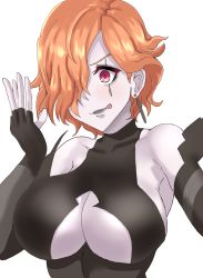 Rule 34 | 1girl, breasts, center opening, cleavage, earrings, facial mark, fire emblem, fire emblem: three houses, hair over one eye, highres, jewelry, kronya (fire emblem), large breasts, nintendo, orange hair, pale skin, red eyes, revealing clothes, short hair, sideboob, solo, tagme, teardrop tattoo, tongue, tongue out, upper body
